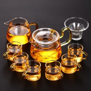瓷牌茗茶具 瓷牌茗 玻璃茶具套装日式功夫茶壶加厚耐热家用泡茶杯 亮彩泡茶壶10件
