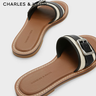 CHARLES&KEITH24夏金属扣饰平底一字拖鞋外穿女CK1-70580230 粉白色Chalk 35