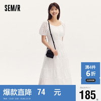 Semir 森马 连衣裙女方领拼接中长裙度假风2024夏镂空小白裙法式107424114034