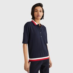 TOMMY HILFIGER 汤米·希尔费格 女装简约通勤拼色条纹翻领透气短袖POLO衫30583