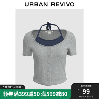 URBAN REVIVO UR2024夏季女装时尚设计感撞色假两件系带短袖T恤UWV440138 花灰 M