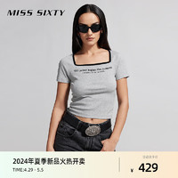 MISS SIXTY2024夏季T恤女方领修身短款撞色绣花百搭休闲高街 花灰 S