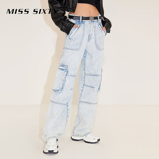 MISS SIXTY2024春季牛仔裤女抽绳设计高腰显瘦复古拉链工装裤 浅蓝 27