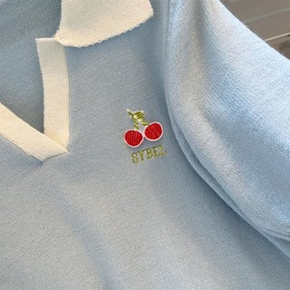 Polo领别致樱桃拼色短袖T恤夏季小众设计感显瘦针织上衣