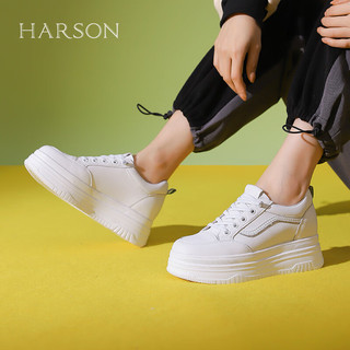 哈森2024年时尚简约厚底圆头百搭小白鞋增高舒适女休闲鞋HWC240113 白绿色 37