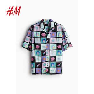 H&M【瑞克和莫蒂】男装古巴领衬衫24夏季宽松印花衬衣1222927 黑色002 165/84