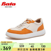 Bata 拔佳 休闲鞋女牛皮通勤时尚撞色板鞋AXT03AM4 米色/橘 39