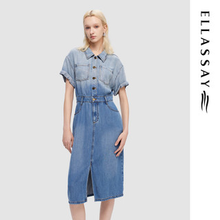 歌力思（ELLASSAY）2024夏时尚100%莱赛尔天丝短袖牛仔连衣裙女EWD351N00300 牛仔蓝（5.10） S