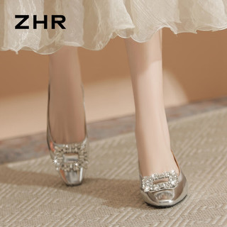                                                                                 ZHR凉鞋女2024夏季水钻包头银色平底玛丽珍女鞋法式低粗跟单鞋女 银色 39