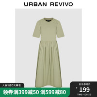 UR2024夏季女装法式设计感拼接捏褶短袖连衣裙UWH740053 卡其绿 S