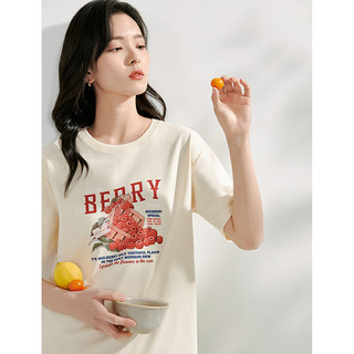 茵曼（INMAN）复古显瘦T恤2024夏季女装水果印花图案减龄圆领短袖上衣 梨花杏-W18424310 M