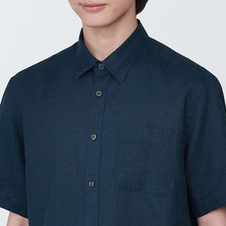 无印良品（MUJI） 男式 麻 短袖衬衫 男士衬衣外套 AC9ABA4S 藏青色 S(165/84A)