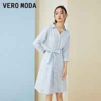 VERO MODA 连衣裙2023夏季新款优雅气质时尚复古V领收腰A摆衬衫裙