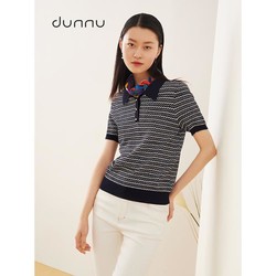 DUNNU 敦奴 春季商场同款时尚复古小翻领条纹短袖针织衫女