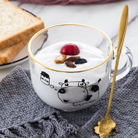欧式金边早餐杯大容量玻璃杯家用牛奶杯酸奶杯子燕麦碗咖啡杯带勺