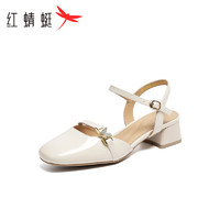 红蜻蜓时尚凉鞋2024夏款优雅一字带粗跟气质包头空鞋 WFV24033米白色34