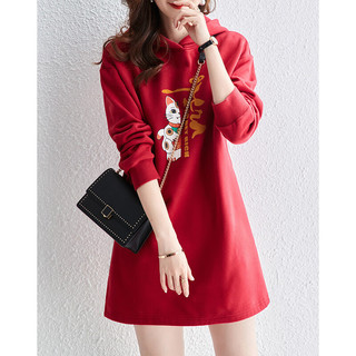 德玛纳卫衣连衣裙女春秋季红色连帽直筒长袖宽松卫衣气质裙子 中国红 S