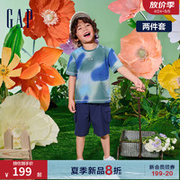 Gap男幼童2024夏季纯棉扎染小熊logo短袖T恤短裤套装890257 蓝黑拼色 90cm(1-2岁) 亚洲尺码