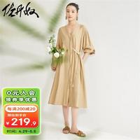 佐丹奴裙子女慵懒风不对称绑带V领七分袖衬衫连衣裙18464914 13卡其 M