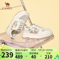 骆驼（CAMEL）板鞋女撞色熊猫拼接系带休闲鞋 L24S208605W 米/杏(透网款) 37