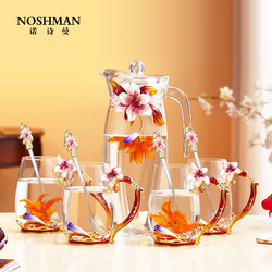 诺诗曼 结婚礼物送新人客厅水杯套装家用茶杯女士玻璃杯水壶乔迁之喜搬家 百合水杯五件套 高粉色 红礼盒装