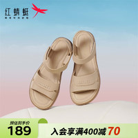 红蜻蜓凉鞋女2024夏季中老年外穿软底舒适平底女凉鞋WJK24822 杏色 39