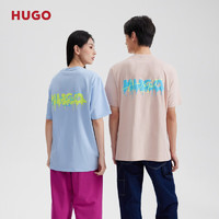 HUGO男女同款2024夏季双徽标图案宽松版型棉质平纹针织T恤 681-浅粉色 XS