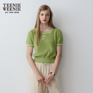 Teenie Weenie小熊2024年夏季方领针织短袖多巴胺曼波绿色薄款 绿色 155/XS