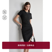 欧时力 抽褶不规则短袖连衣裙2024春夏修身透气显瘦 黑色 L