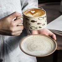 粗陶浮雕咖啡杯碟套装日式复古陶瓷拉花杯创意高档精致下午茶杯子