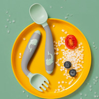 COOKSS 儿童辅食叉勺套装宝宝学吃饭弯头勺自主进食餐具婴儿训练勺子 绿灰+收纳盒