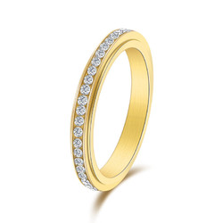 欧美简约周圈满钻钛钢可旋转女式戒指金色气质指环