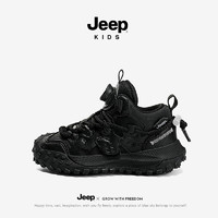 Jeep 吉普 儿童秋冬季皮面运动鞋男童6-12岁潮款跑步鞋 黑色27