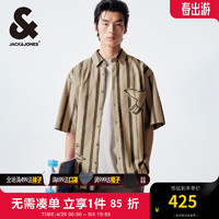 杰克·琼斯（JACK&JONES）夏季男士印花刺绣字母条纹满印休闲短袖衬衫男装224204034 E11卡其色 常规 E11卡其色 165/88A/XS