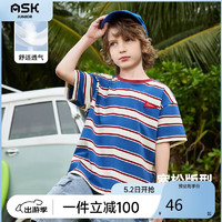 ASK junior 男童短袖T恤2024夏薄款中大童条纹休闲T恤运动跑步风 蓝色 160