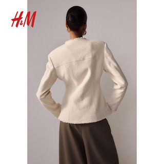 H&M女装2024春季时尚气质流苏边亚麻混纺外套1231140 浅米色 155/76