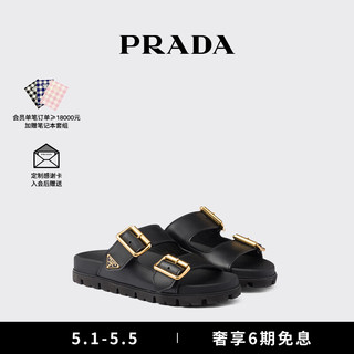 PRADA/普拉达女士金属徽标饰拖鞋凉鞋 黑色 35.5