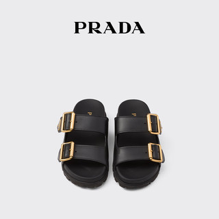 PRADA/普拉达女士金属徽标饰拖鞋凉鞋 黑色 35.5