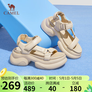 CAMEL 骆驼 休闲凉鞋女舒适羊皮松糕厚底魔术贴凉鞋 L24M577653 杏色 39