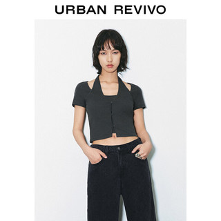 URBAN REVIVO 女士潮流设计假两件挂脖修身短袖T恤 UWV440122# 深灰 M