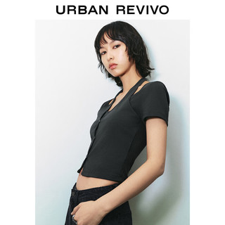 URBAN REVIVO 女士潮流设计假两件挂脖修身短袖T恤 UWV440122# 深灰 M