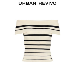 URBAN REVIVO 女士撞色条纹一字领修身显瘦针织衫 UWG940189 黑色条纹 XL