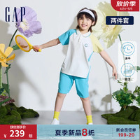 GapGap男童2024夏季吸湿速干短袖T恤短裤两件套儿童装套装890531 蓝白黄拼接 150cm(L)亚洲尺码