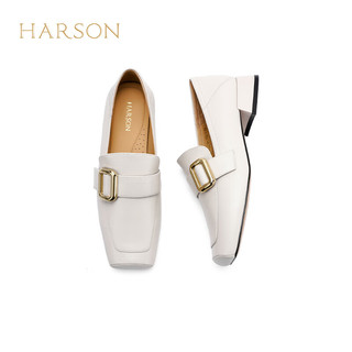 哈森2024春季时尚女鞋舒适粗跟乐福鞋通勤百搭女单鞋HWS240158 米白色 35
