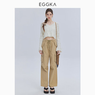 EGGKA  V领喇叭袖镂空针织衫春秋法式设计感小众别致短款上衣 白色 S