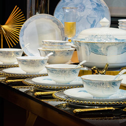 洛威 景德镇陶瓷碗碟套装家用中式轻奢高级感乔迁餐具套装陶瓷碗盘组合 蓝莲花56头