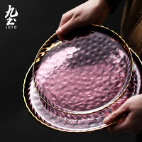 JOTO 九土 日式玻璃花瓣米饭碗水果沙拉碗菜盘圆盘平盘碟子锤纹玻璃餐具套装