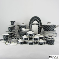 欧式骨瓷餐具套装骨瓷陶瓷碗碟盘咖啡套具70头高品浮雕描金礼盒