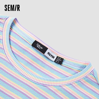 森马（Semir）【多彩T恤合辑】短袖T恤女宽松简约短款字母印花内搭外穿上衣集合 E款撞色条纹-蓝色调00488 150/76A/XS