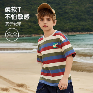 ASK JUNIOR男童短袖T恤2024夏装儿童时尚条纹休闲打底衫沙滩风 红色 110